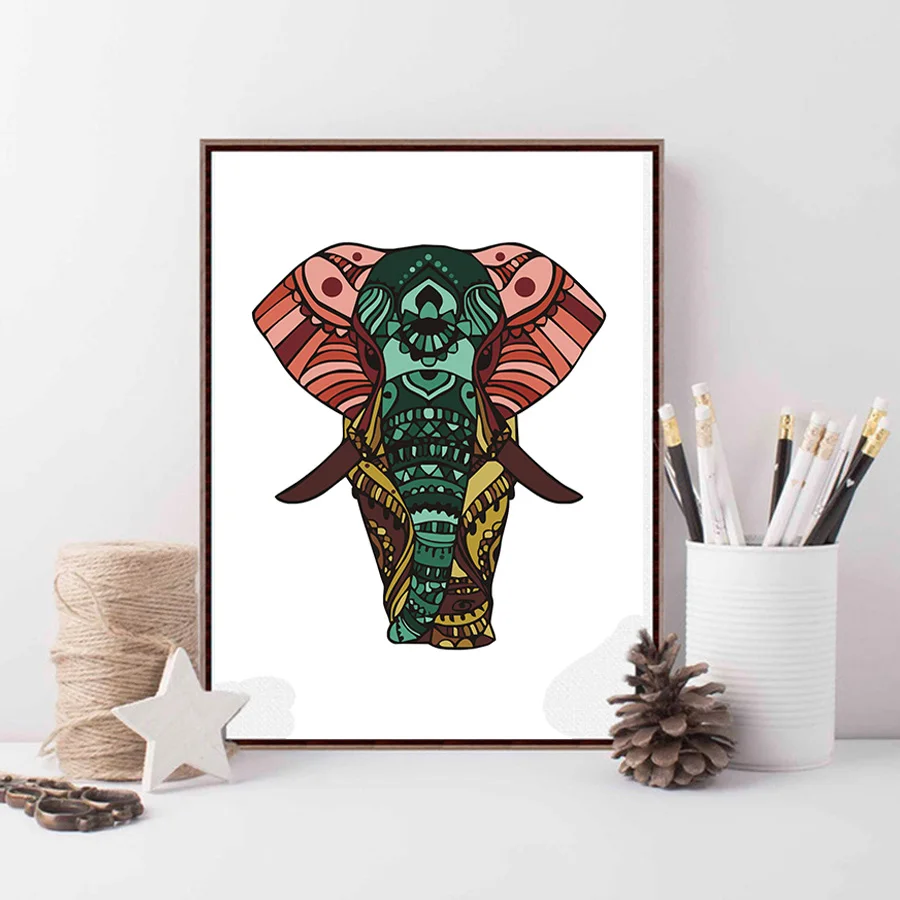 Modern Kartun Hewan Gajah India Kanvas Seni Lukisan Cetak Poster A4