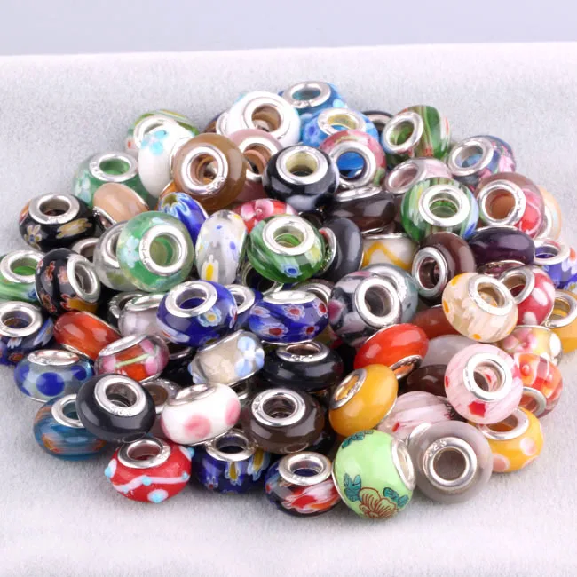 Bead-50pcs hot !  Murano Glass Beads 925 silver cord fit European Jewelry Braclet Charms DIY