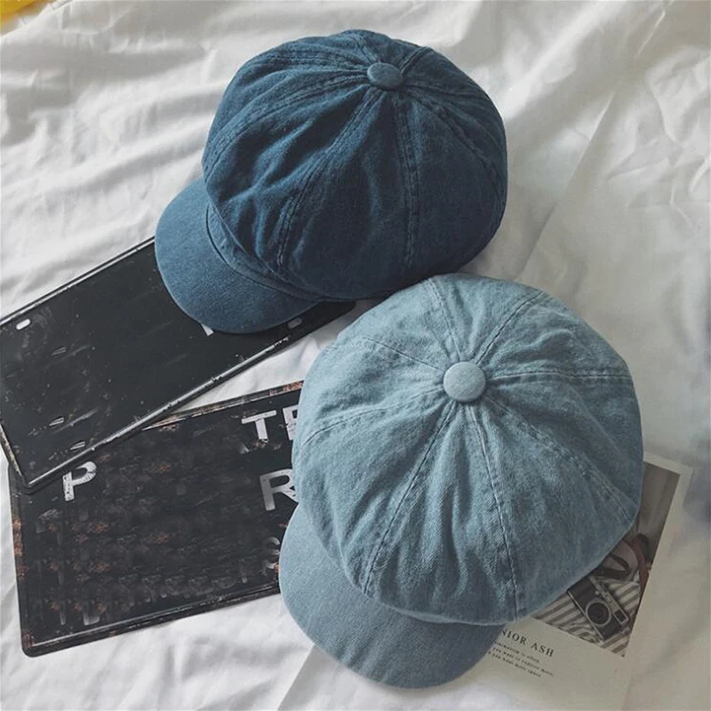 GAOKE Vintage Unisex Newsboy Denim Cap Autumn Cowboy Hat Women Male Octagonal Hat Cabbie Driver Cap Flat Top Korean Painter Hats