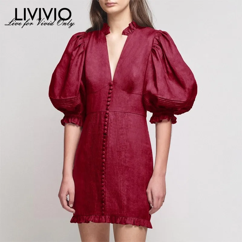 

[LIVIVIO] Vintage Solid Slim Dress Women V Neck Puff Sleeve High Waist Button Ruched Ruffels Mini Dresses Female Fashion New