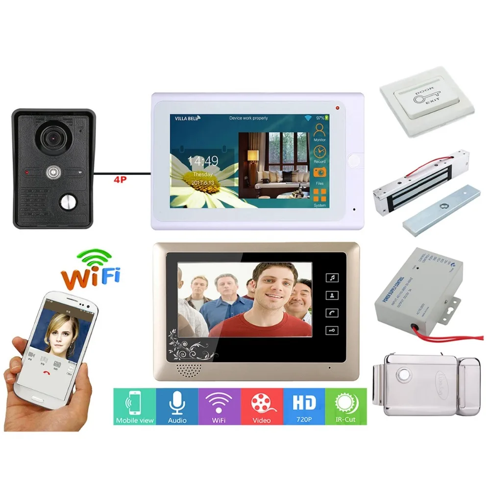 

Home set 7 inch 2 Monitors Wired /Wireless Wifi Video Doorbell Intercom System with IR-CUT HD 1000TVL Wired Camera+Electric Lock