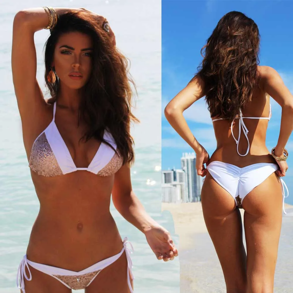 Sexy Halter Bling-bling Bikini Shiny Glitter Sequin Swimsuit Bandage Biquini Bathing Suit Swimwear Women Brazilian Bikini Set Sexy Halter Bling-bling Bikini Shiny Glitter Sequin Swimsuit Bandage Biquini Bathing Suit Swimwear Women Brazilian Bikini Set