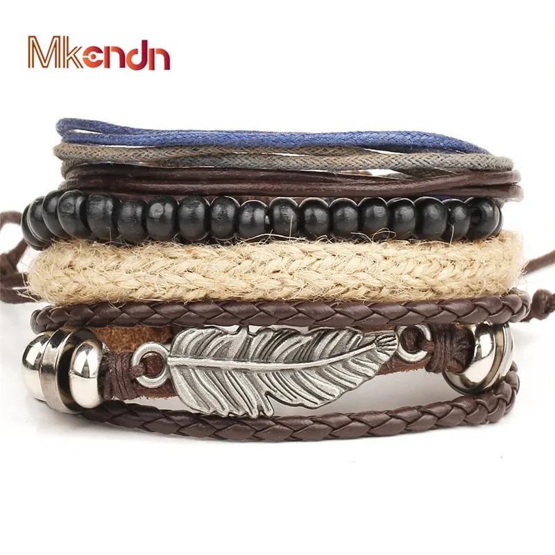 

MKENDN Wholesale 4PCS/Set leather bracelet Men multi-layer bead bracelet women's retro punk casual men jewelry bracelet jewelry