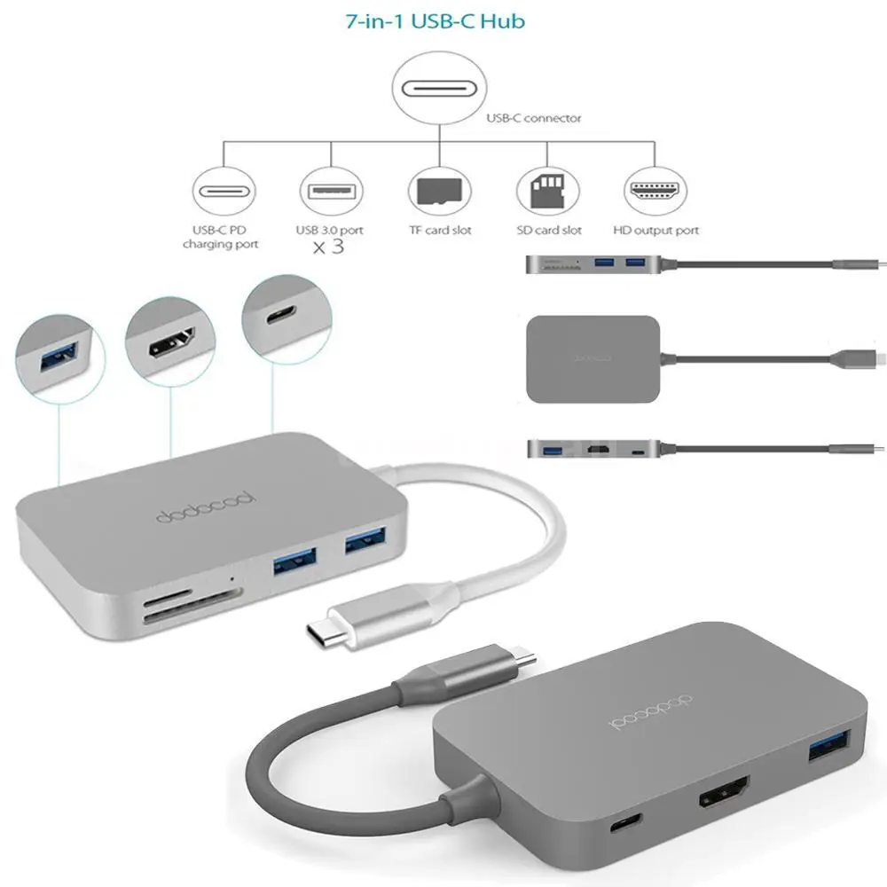 Dodocool 7-in-1 взаимный обмен данными между компьютером и периферийными устройствами 3,0 концентратор Тип-C видео в формате 4K HD Выход SD/устройство для считывания с tf-карт и разъемом спецификации USB type-c концентратор для Apple MacBook Air Pro ноутбук планшет ПК Mac