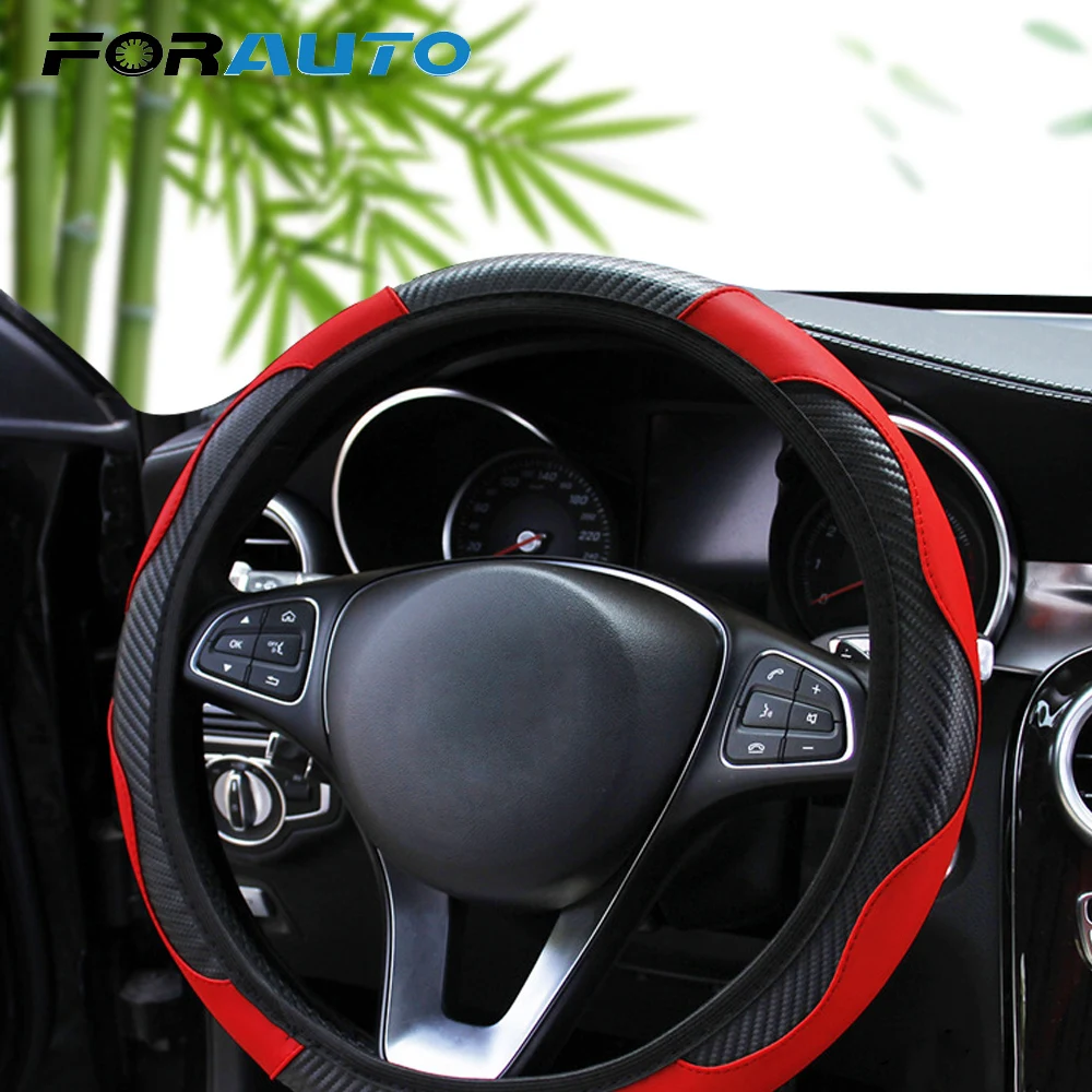 

FORAUTO Breathable Anti Slip Car Steering Wheel Cover Car-styling Carbon Fiber PU Leather Steering Covers Suitable for 37-38cm