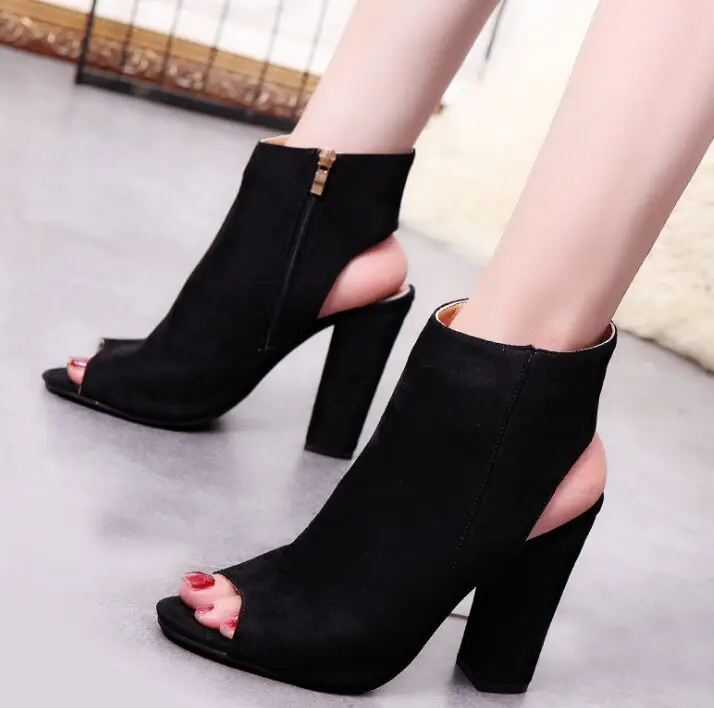 

Ankle Boots Faux Suede Leather Casual Open Peep Toe High Heels Zipper Fashion Square Rubber Black Shoes For Women Plus Size 43
