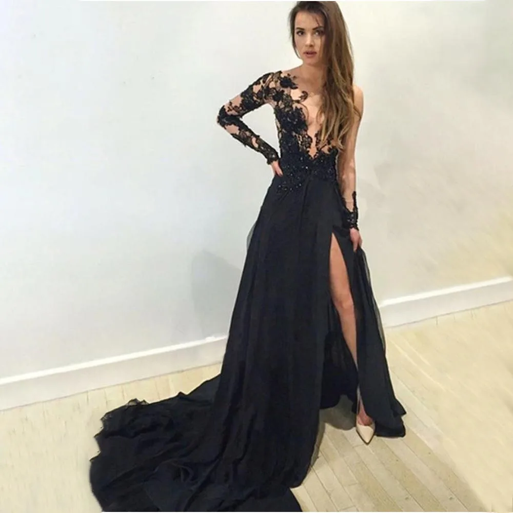 

Scoop Long Prom Dresses Applique Full Sleeves Front Split Black Chiffon Sweep Train Evening Formal Party Dress Vestido De Fiesta