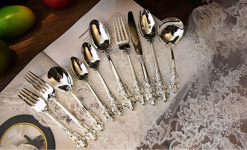 1 шт. роскошные серебряные столовые приборы Западный столовый нож ложка Вилка совок для супа кофе десертная чайная ложка вилки для салата посуда