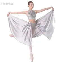 Серый блесток кружева над серый спандекс укороченный с эластичным Midriff балет, Лирический и современный танцевальный костюм блесток платье 18009