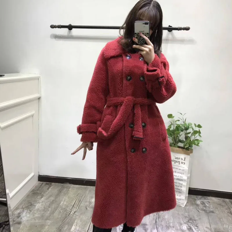 Abrigos Mujer Invierno 2019 Korean Sheep Fur Coat Leather Jackets Wool Fur Winter Women Casual Parka X-Long Overcoat With Sashes