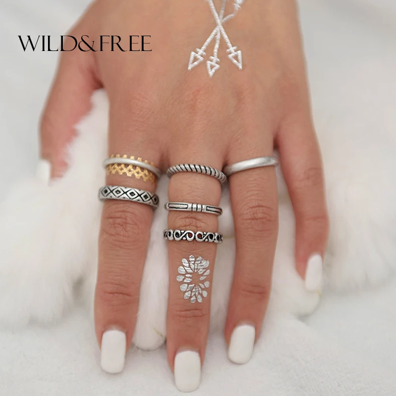 

Women Gothic 6 pcs Gold Zinc Alloy Finger Ring Set Vintage Antique Silver Plated Hollow Retro Knuckle Ring Female Rings Jewelry
