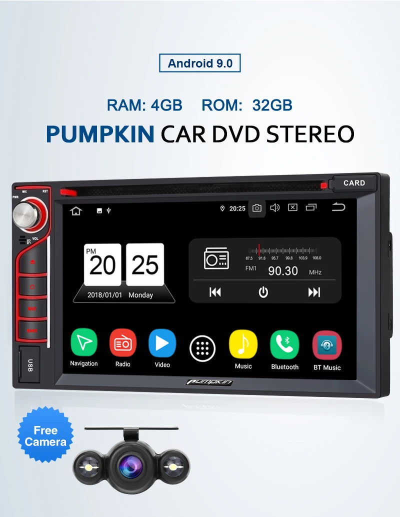 Discount Pumpkin 2 Din 6.2"Universal Android 9.0 GPS Car Radio RAM 4G ROM 32G Stereo Audio Player GPS Navigation Wifi OBD2 DAB FM RDS 1
