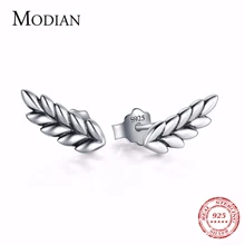 Modian настоящие 925 пробы серебряные Модные Простые сверкающие серьги-гвоздики в виде листьев для женщин Крылья Ангела серебряные ювелирные изделия бижутерия