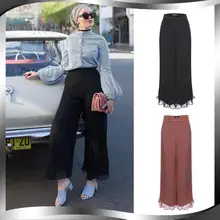 Pantalon plissé en mousseline de soie pour femmes, couleur unie, taille haute, jambes larges