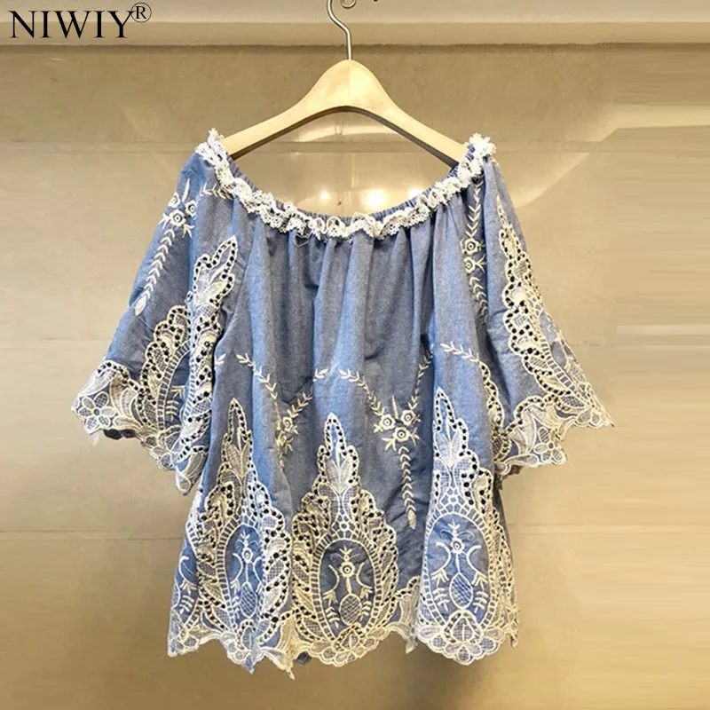 

NIWIY Brand Summer Loose Embroidered Shirt Womens Tops and Blouses Blusas Femininas 2019 Red Oversize Blusa Mujer N9282