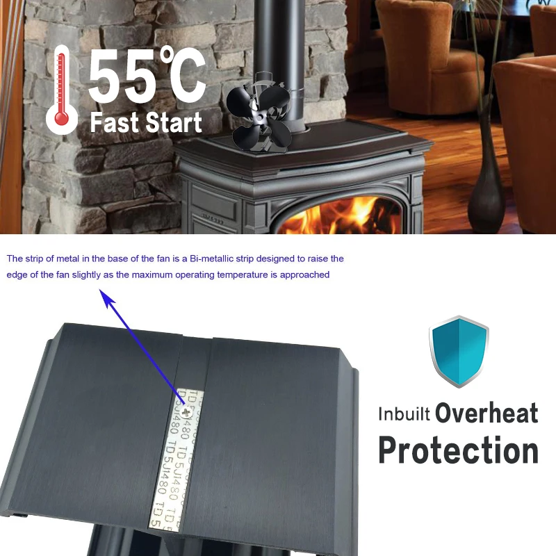 Вентилятор для эко плиты с 4 лопастями работающий от тепла (черный) увеличивает на