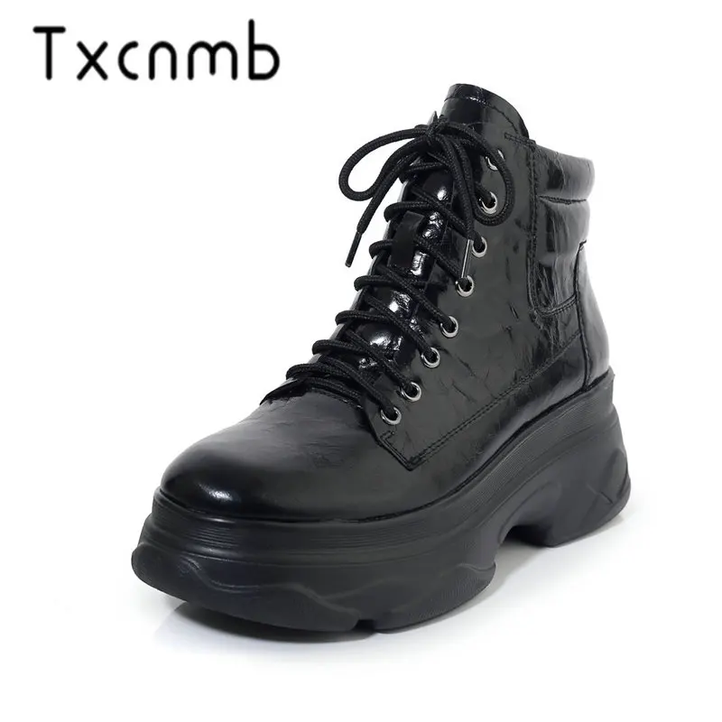 

TXCNMB Boots Women Ankle Boots Genuine Leather Autumn Winter Warm Platform 5.5cm Heels Shoes Woman Punk Brand Ladies