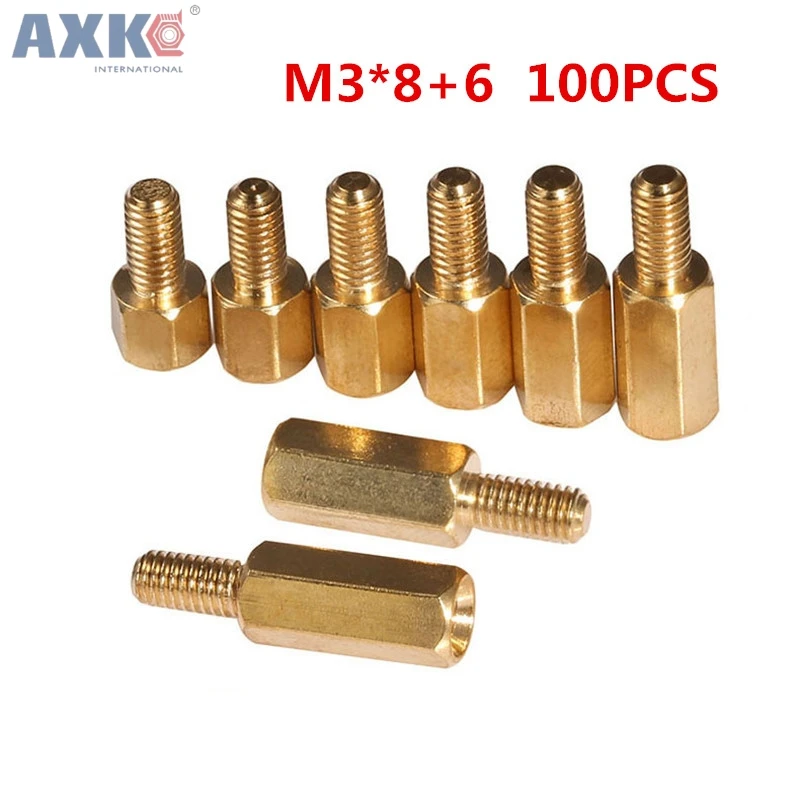 AXK 100 шт. M3 мужской 6 мм x женский 8 латунь противостояние Spacer + Медь шестигранной