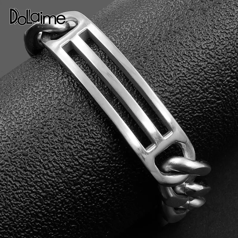 

Dolaime Engagement 2018 Trendy Men Stainless Steel silver Gold Color Rectangular hollow bend card two face grinding bracelet