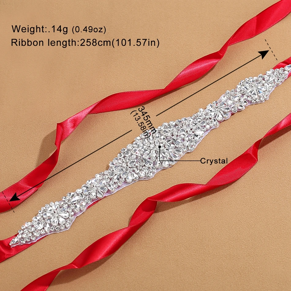 Mecresh Rhinestone Wedding Dress Belt for Bridal Gowns Red / White Satin Crystal Bride Belt Handmade Wedding Accessories YD001