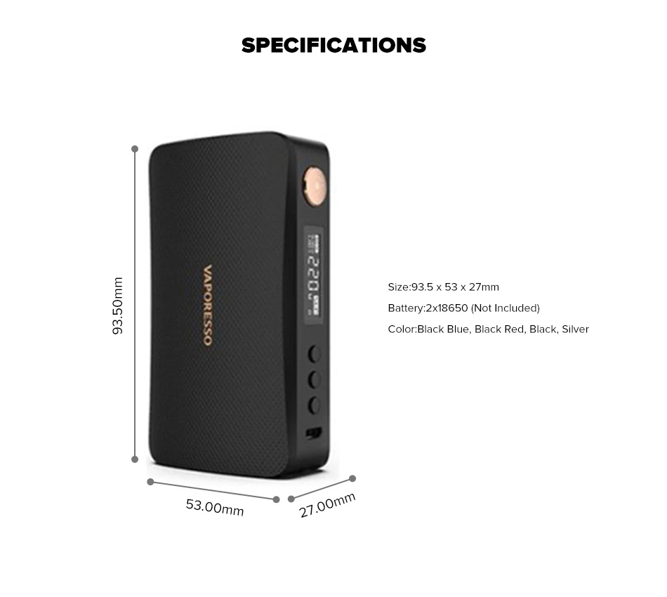 220 Вт Vaporesso роскошный мод Vape Box Mod power от Двойной 18650 батареи, совместимы с 510 атомного электронной сигареты