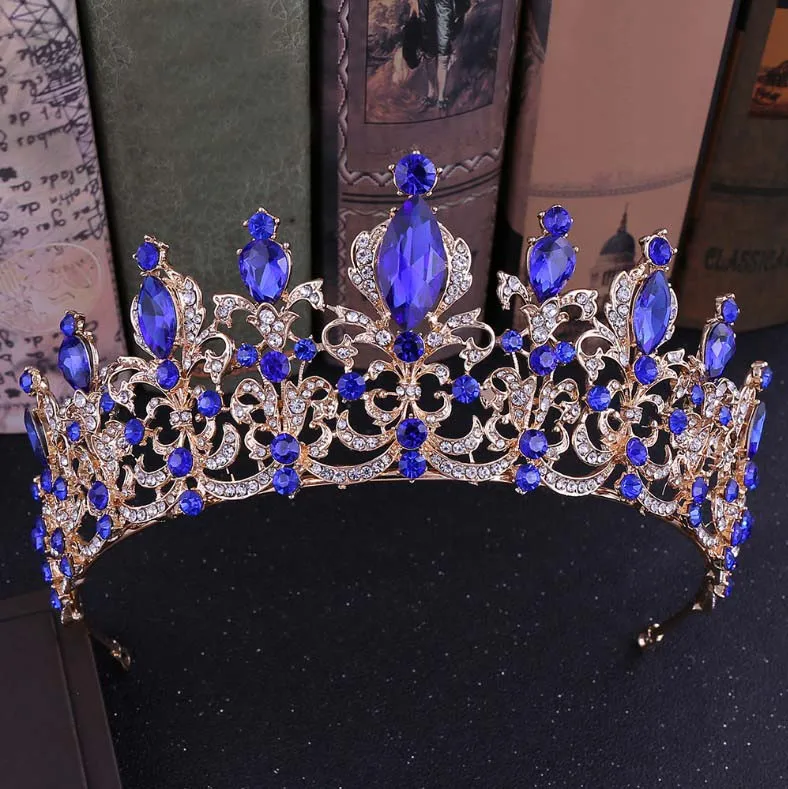 Роскошные серебряные, Синие стразы, Золотая свадебная тиара, корона королевы, диадема, Корона невесты, головной убор, свадебные аксессуары для волос, тиара