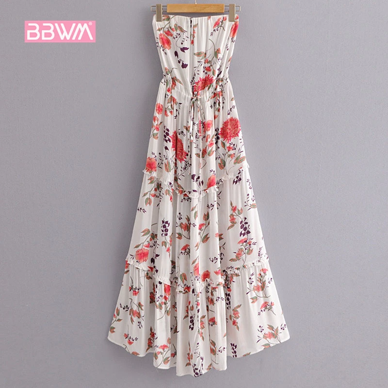 

2018 summer new women's beach holiday high waist large A word in the long printed tube top dress