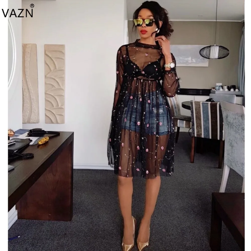 

VAZN 2017 Hot Sale Women See Through Summer Short Dress Fashion Sexy O-Neck Mini Dress Print Chiffon Night Party Vestido WY6338