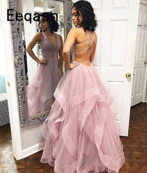 

2020 Prom Dresses Long Back Open Floor Length V-Neck Ruffles Tulle Formal Evening Party Dress for Women robe de soiree