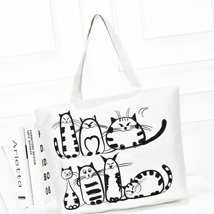 

Women Canvas Handbag Cartoon Cat Printed Shoulder Bag Female Large Capacity Ladies Beach Bag Women Canvas Tote Shopping Handbags
