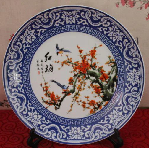 

Exquisite Chinese Handwork Classical Blue and White Porcelain Plate,Painted with Red Plum and Birds
