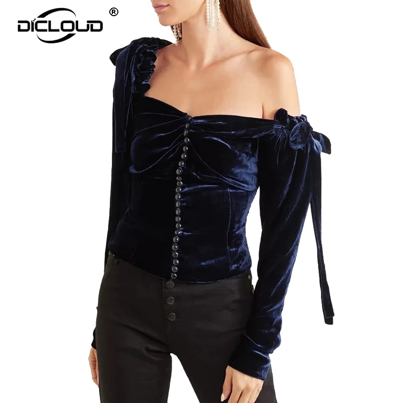 

One Shoulder Asymmetrical Velvet Blouse Tops Women Sexy Puff Sleeve Shirts Tops Female Chic Backless Office Blusa Camisas Mujer