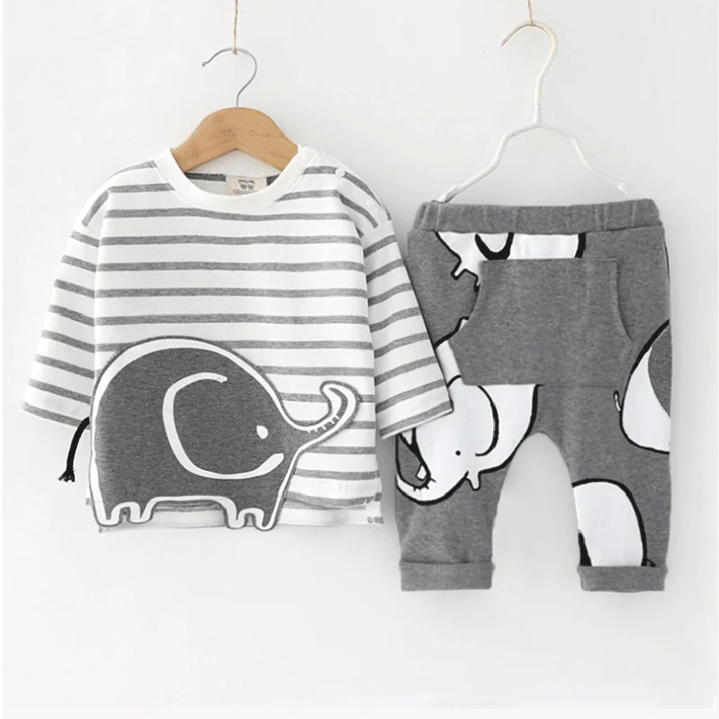 

Baby Suit Autumn And Winter New Male Baby Female Baby Elephant Short-Sleeved T-Shirt Top Striped Pants Set Baby Clothing