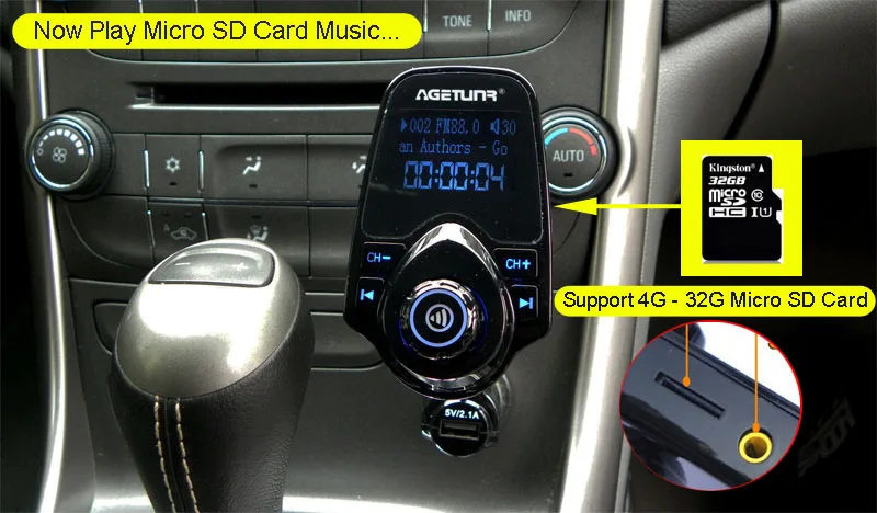 AGETUNR T10 1,4" Bluetooth автомобильный комплект громкой связи FM передатчик MP3 музыкальный плеер 5V 2.1A зарядных порта USB для автомобиля Зарядное устройство Поддержка AUX вход и выход
