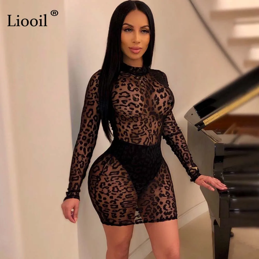 

Liooil Sexy Black Lace Sheer Mini Bodycon Dress Sexy Club Outfits 2019 Long Sleeve See Through Tight Dresses Woman Party Night