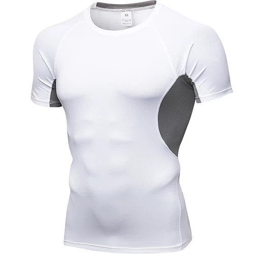 YD футболка для спортзала, Мужская быстросохнущая футболка для фитнеса и бега, высокоэластичная спортивная одежда, Облегающая рубашка, одежда для спортзала, Мужская футболка для фитнеса - Цвет: white with gray