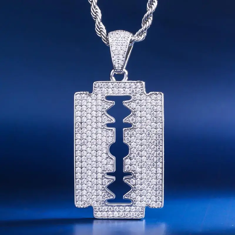 KRKC&CO White Gold Ice Out Double-Edged Razor Blade Pendant Hip Hop Jewelry for amazon/ebay/wish online store for Wholesale