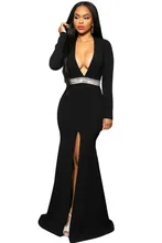 sexy Night Club Autumn long sleeves Party V-Neck dress Hollywood Black Royal Blue pink Jeweled Waist Front Slit Gown 61061 S M L
