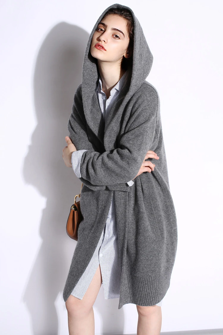  high grade goat cashmere add thick women's fashion hooded long cardigan sweater overcoat S-XL