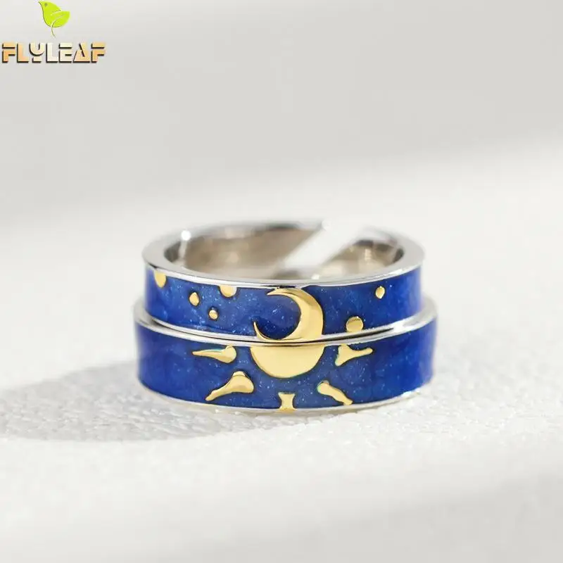 

Flyleaf Blue Drop Glaze Golden Sun Moon loves Open Rings For Women Men 925 Sterling Silver Student Girl Gift Fashion Jewelry