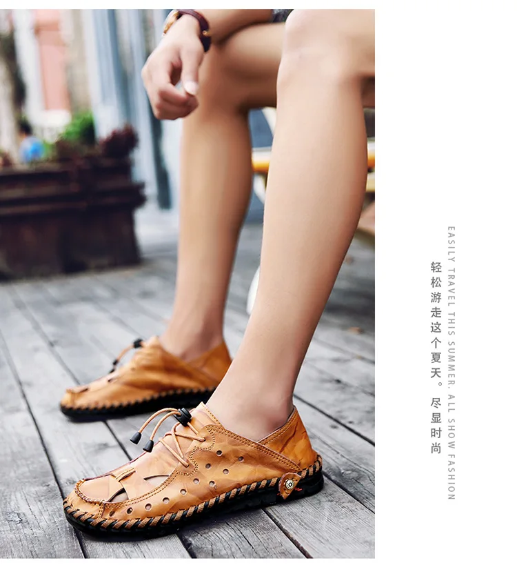 Мужские туфли сандалии 2019 Лето Натуральная кожа пляжные сандалии мужские однотонные повседневные туфли мужские на шнуровке уличная