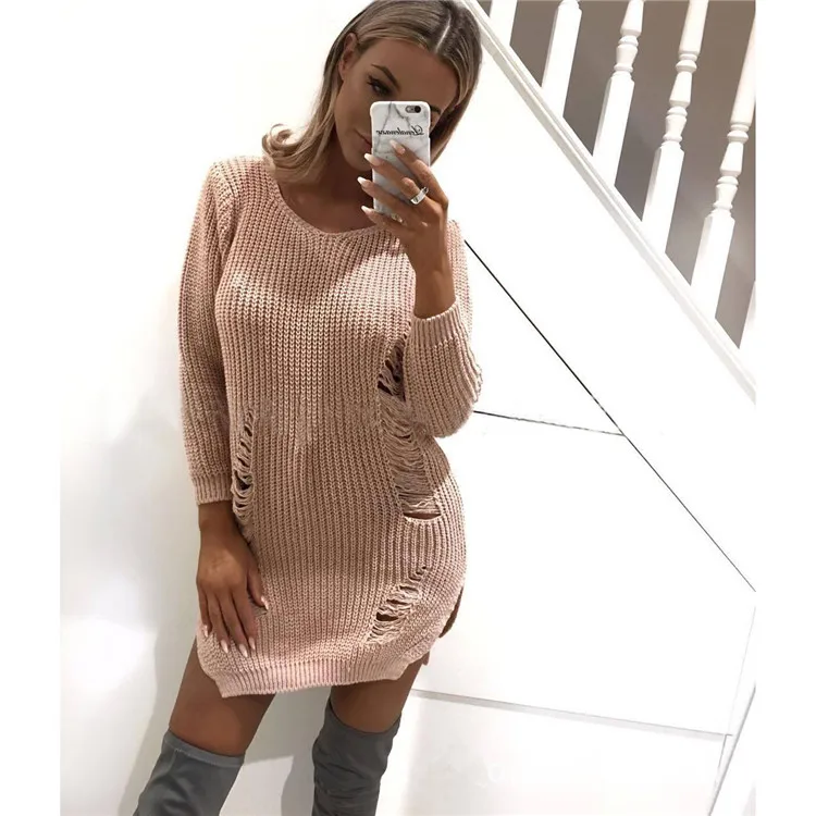 

Autumn Winter Long Sleeve Loose Long Sweater V Neck Jumper Knit Ladies Ripped Hole Sweaters Womens Knitted Top