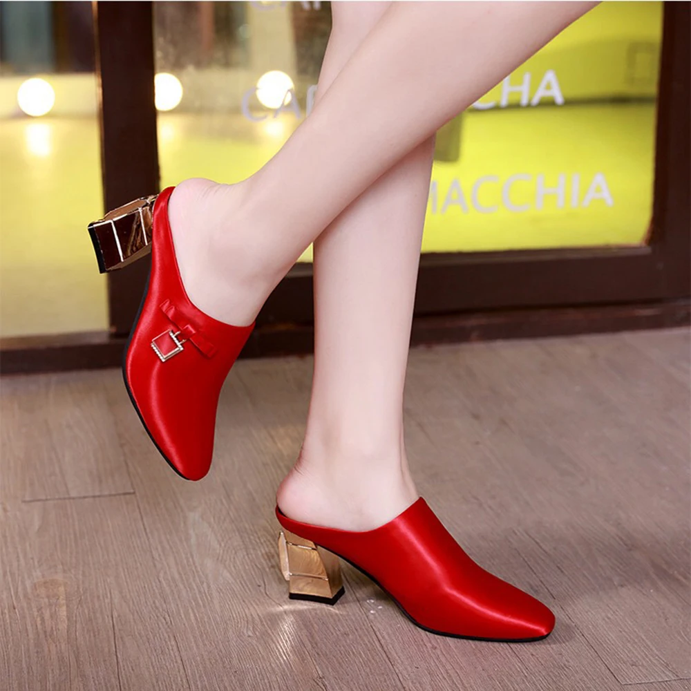 

Fashion Women Pumps Golden Heel Mules Shoes Metallic Satin Sandal Rhinestone Wedding Shoes slip on Point Toe chunky heels