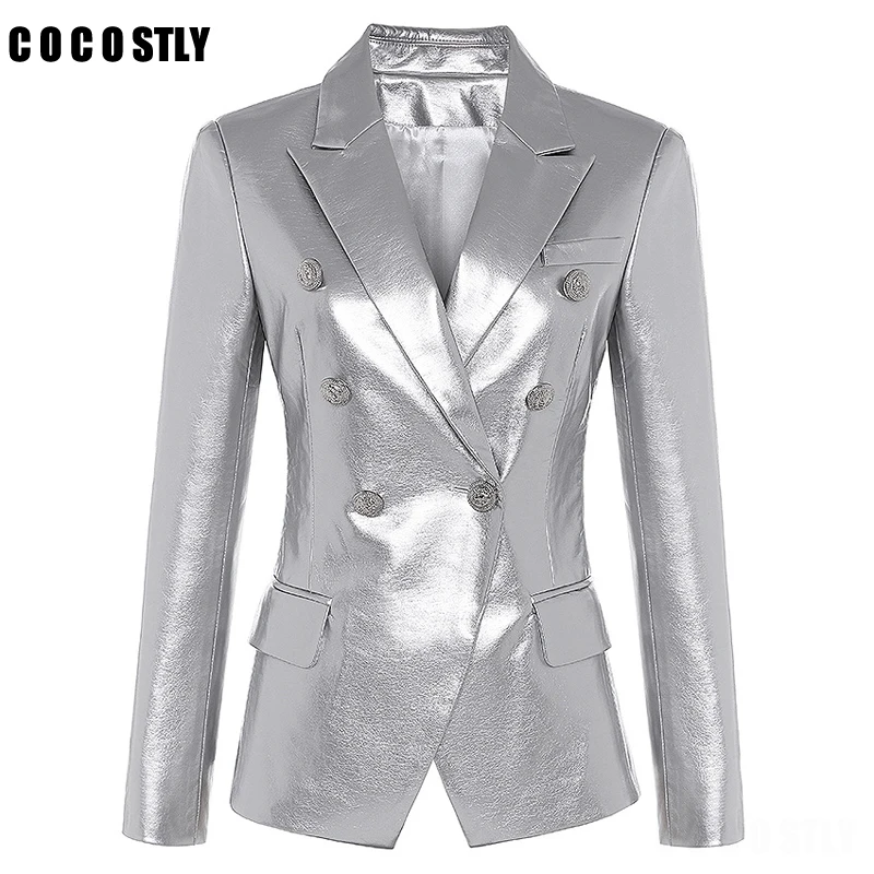 

2019 Designer Leather Jacket Women's Lion Metal Buttons Double Breasted Synthetic Leather Blazer Jackets Overcoat