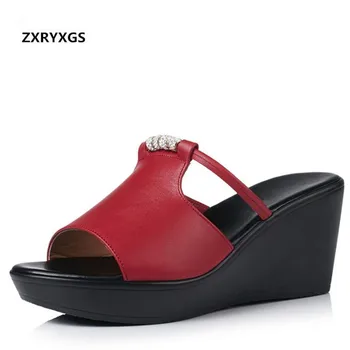 

2019 new summer women sandals Fish mouth platform wedges sandals fashion slippers Rhinestone High heel Genuine Leather sandals