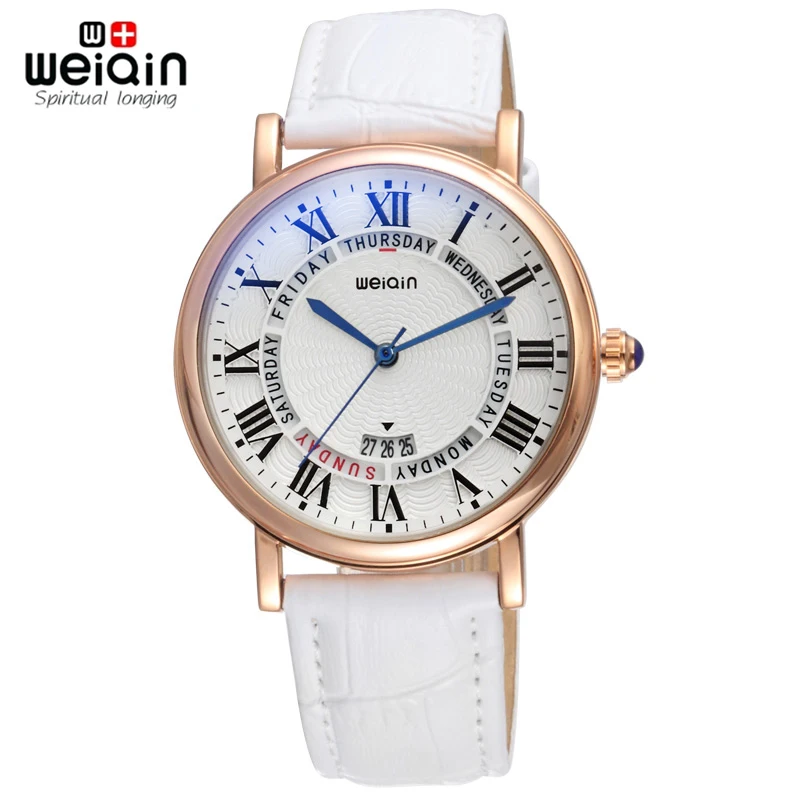 

WEIQIN Roman Style Day Week Rose Gold Case Fashion Watches Women Leather Strap Big Face Quartz Watch Ladies Relogios Feminino
