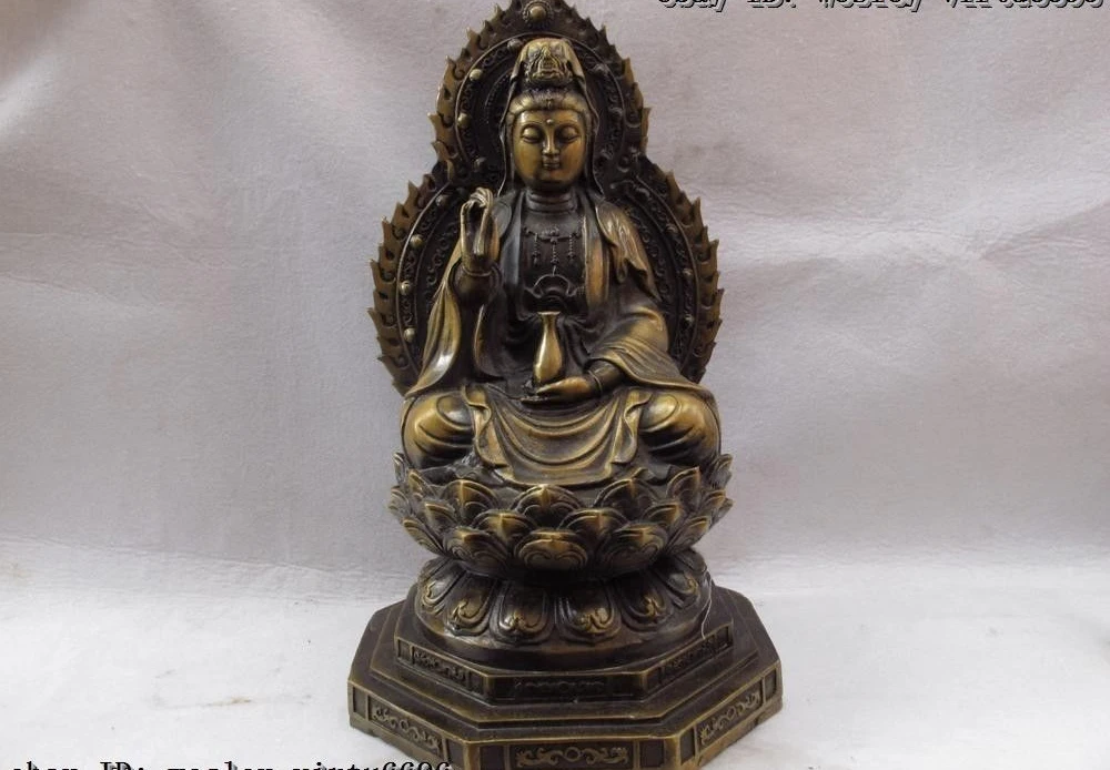 

Chinese Folk fane Copper Bronze Sit lotus flower Guan Yin Kwan-yin Boddhisattva