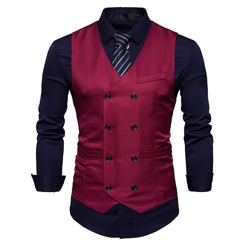 Повседневное платье жилеты для мужчин Slim Fit Мужская жилетка, костюм двубортный жилет Homme без рукавов формальная деловая куртка - Цвет: Бургундия