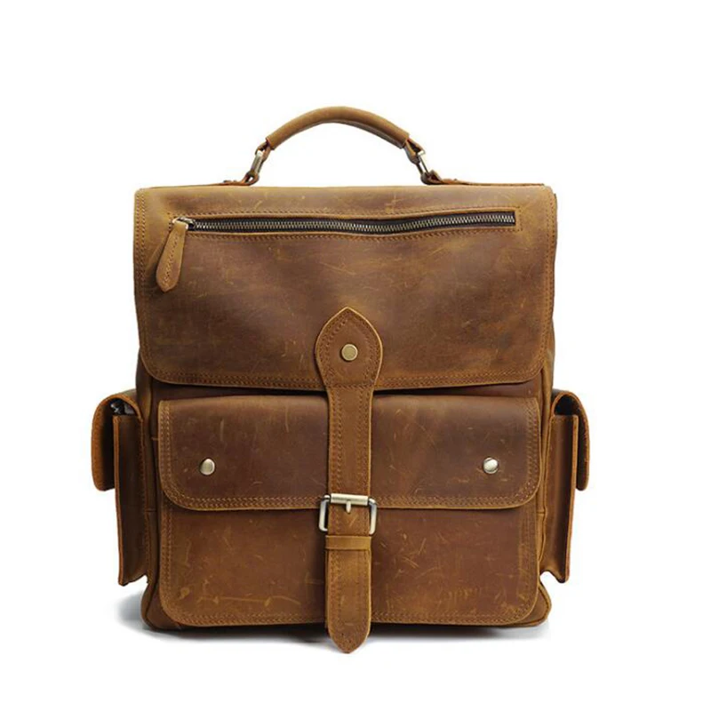 

Men's Crazy Horse Leather Backpacks Brown Genuine Leather Laptop Rucksack Durable Shoulder Bag Vintage Cowhide School Backpacks