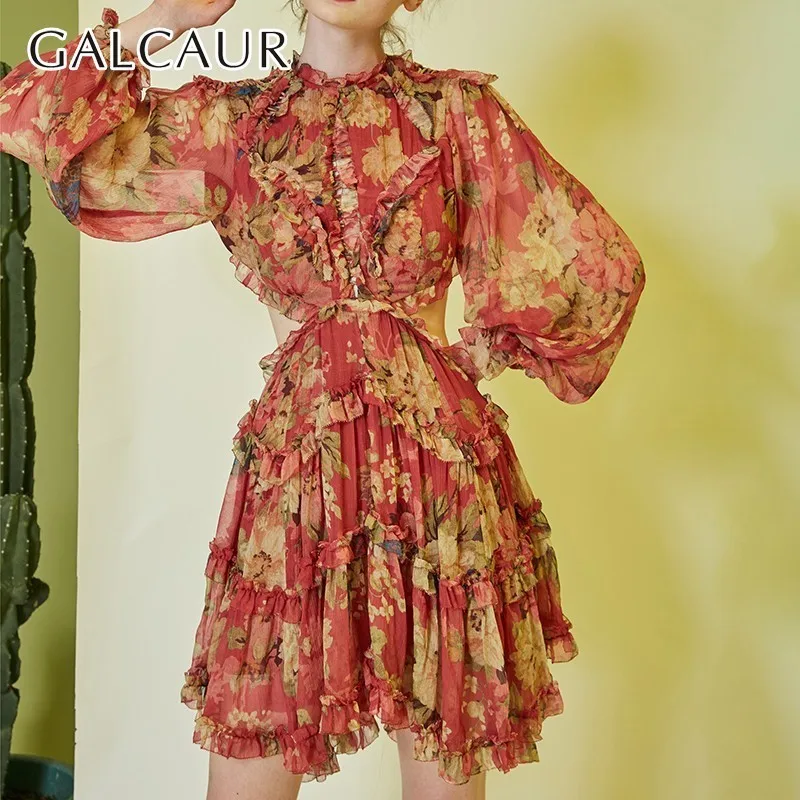 Galcaur Casual Print Vrouwen Jurk Stand Lantaarn Mouwen Backless Bandages Ruches Loose Mini Jurken Vrouwelijke Mode 2019 Lente